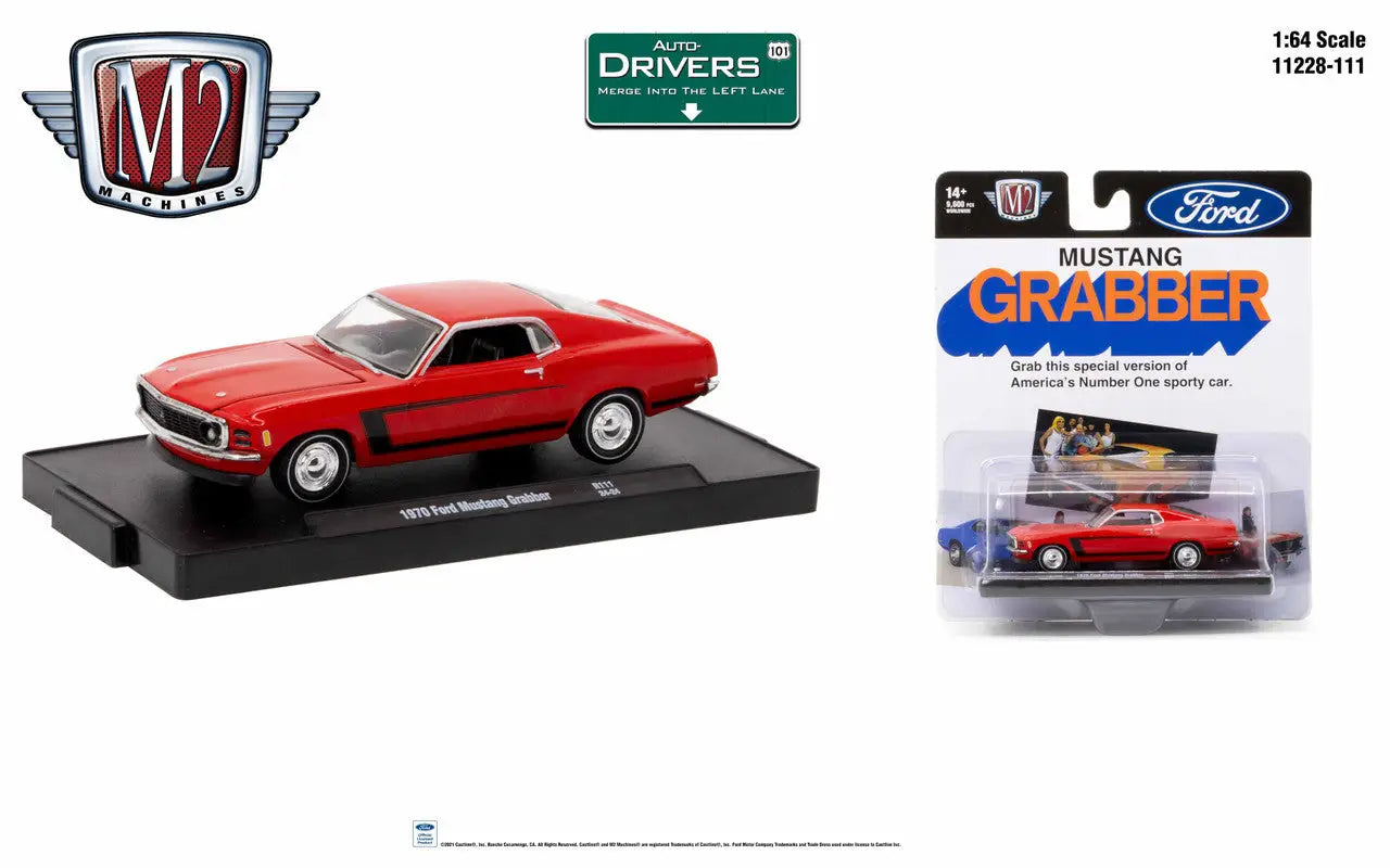 Red 1969 Ford Mustang Mach 1 die-cast model in loose and packaged forms for Mustang Grabber