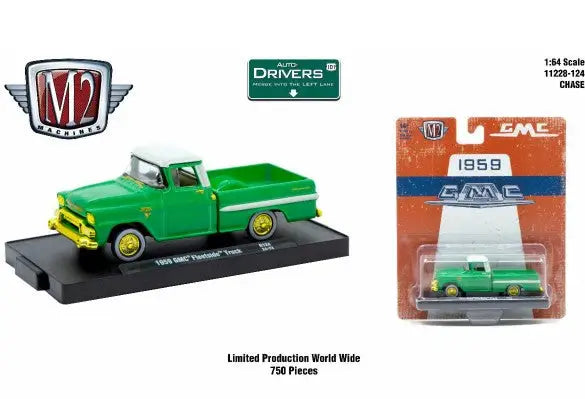 Green and white 1959 GMC Fleetside truck toy, collectible fleetside truck chase model