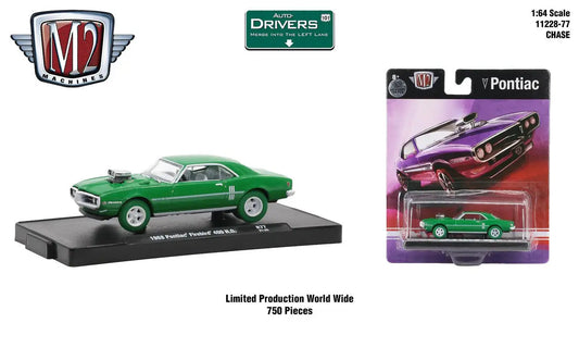 Green 1969 Pontiac Firebird diecast model on display from M2 Machines Auto Drivers collection