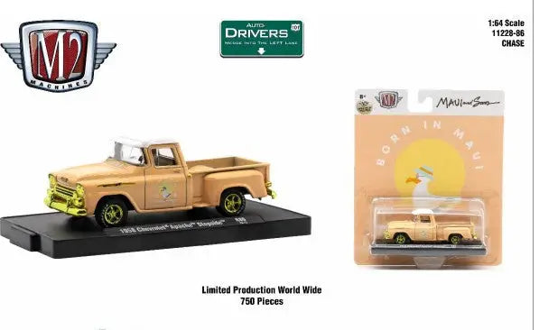Vintage Chevrolet Apache Stepside truck model with packaging details from M2 Machines
