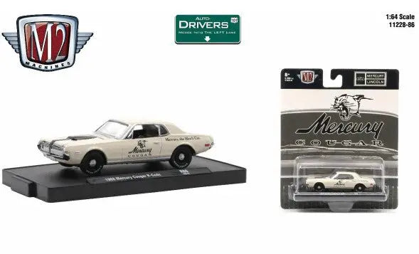 Die-cast model of a classic Mercury Cougar in white from M2 Machines Auto trading cards