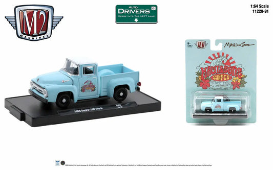 Light blue vintage Ford F-100 model by M2 Machines Auto on display stand