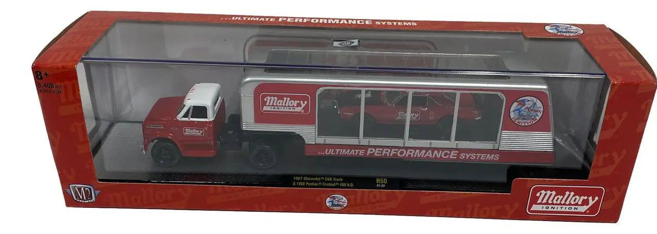 Red and white Malley’s delivery truck model in display case of M2 Machines Auto Hauler