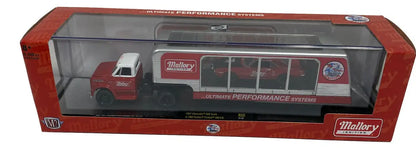 Red and white Malley’s delivery truck model in display case of M2 Machines Auto Hauler