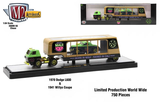 1970 Dodge L600 COE truck with custom Willys Coupe trailer in lime green and tan colors