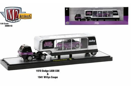 Miniature model of a 1970 Dodge L600 auto hauler with 1941 Willys Coupe trailer