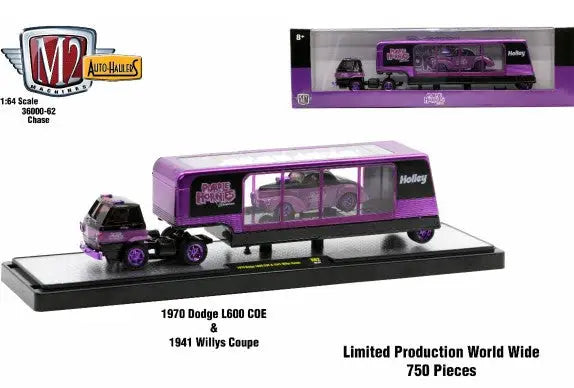 Purple and black M2 Machines Auto Hauler with vintage Willys Coupe Chase in trailer
