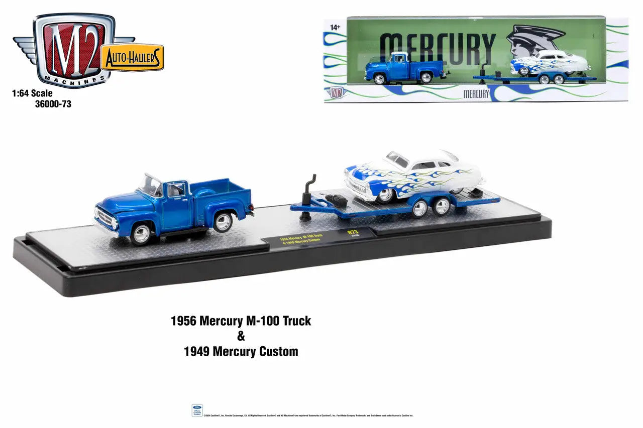 Toy model set of M2 Machines Auto Hauler featuring a blue Mercury M100 Truck and trailer