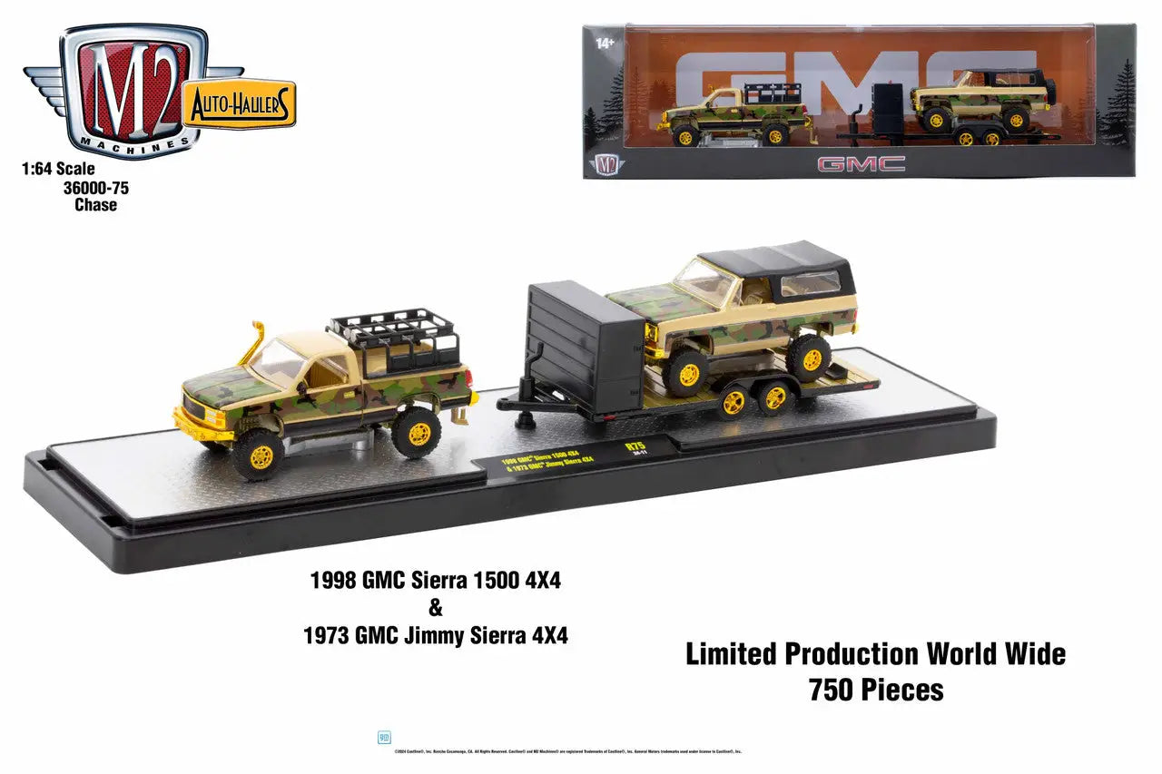 Die-cast model of M2 Machines Auto Hauler featuring 1995 GMC Sierra and 1973 GMC Jimmy