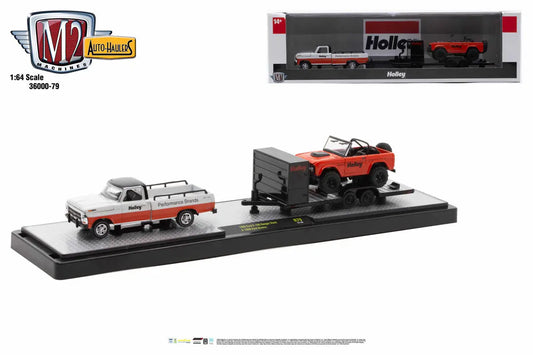 Toy truck and SUV on a machines auto hauler trailer for the M2 Machines auto hauler
