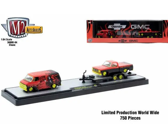 Red and black toy car set featuring M2 Machines auto hauler Chevrolet Van G101976 GMC Sierra Grande