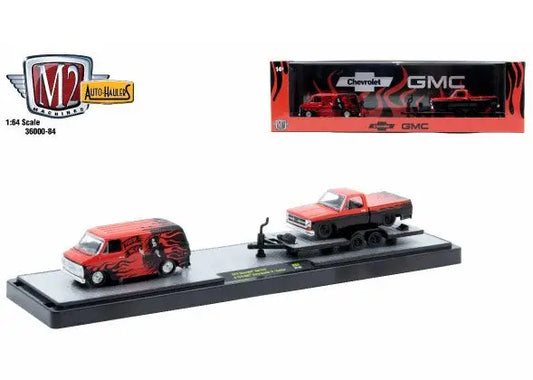 Diecast car and truck set featuring M2 Machines Auto Hauler with Chevrolet Van G101976 GMC Sierra Grande 15