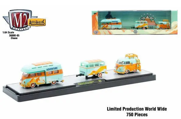 Diecast VW camper set featuring a machines auto hauler, double cab truck, and delivery van chase