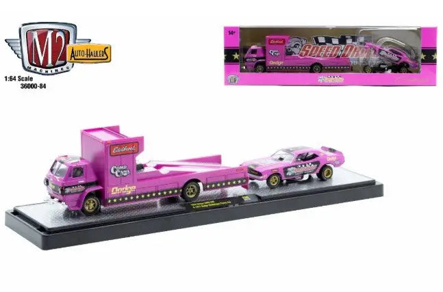 Pink toy car carrier with race car showcasing the M2 Machines Auto Hauler Dodge L600 COE