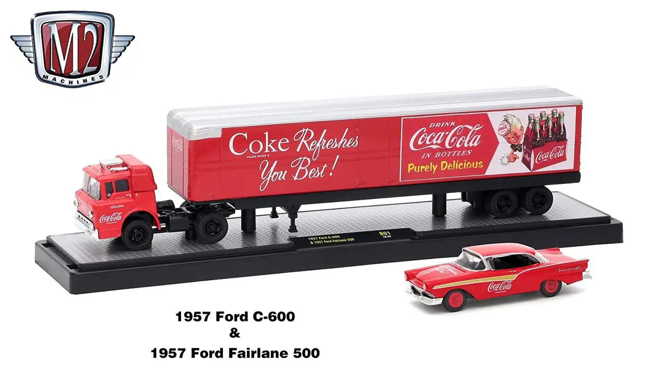 Coca-Cola themed M2 Machines Auto Hauler with 1957 Ford C-600 and Fairlane 500 set