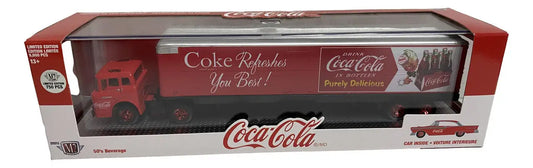 Collectible die-cast M2 Machines Auto Hauler featuring a vintage Coca-Cola delivery truck
