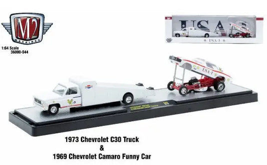 Toy Chevrolet C30 Truck and funny car set from M2 Machines Auto Hauler S44