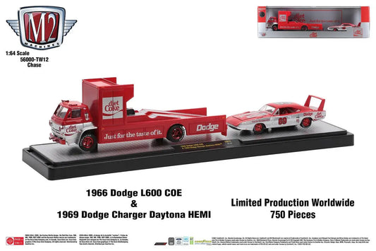 Red Dodge truck and trailer with white race car model from Auto Hauler TW12 Diet Coke Chase