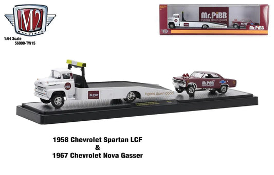 1958 Chevrolet Spartan LCF flatbed tow truck with 1967 Chevrolet Nova Gasser on M2 Machines Auto Hauler TW15