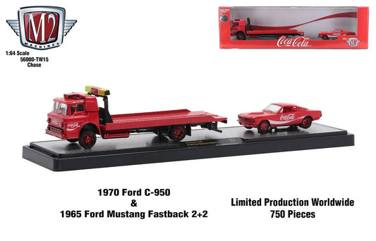 Red Ford C-950 flatbed truck hauling 1965 Ford Mustang Fastback from M2 Machines Auto Hauler