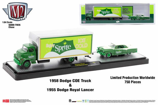 Green 1958 Dodge COE Truck with Sprite branding and 1959 Dodge Royal Lancer on display