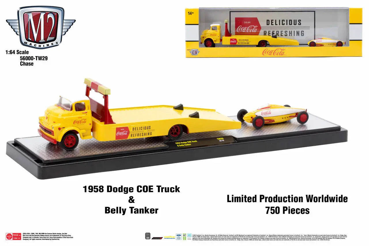 Yellow 1958 Dodge COE Truck with Belly Tanker in Coca-Cola livery M2 Machines Auto Hauler
