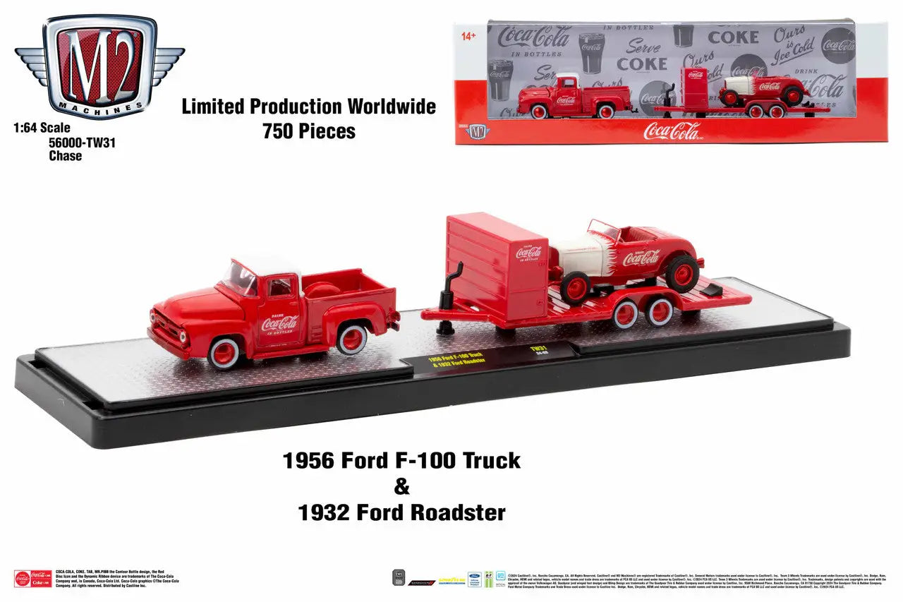 Red 1956 Ford F-100 Auto Hauler TW31 towing Coca-Cola branded 1932 Ford Roadster CHASE