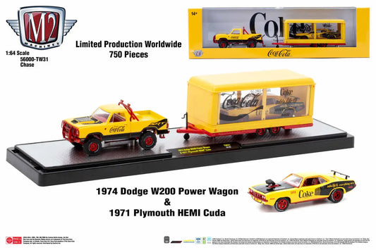 Diecast model set of M2 Machines Auto Hauler TW31 Dodge W200 Power Wagon towing HEMI Cuda
