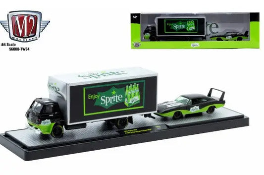 Sprite-themed diecast truck and car set from M2 Machines Auto Hauler TW35 with Dodge Charger Daytona