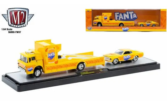 Fanta-themed diecast Ford Mustang Custom auto hauler TW37 set by M2 Machines Auto Hauler