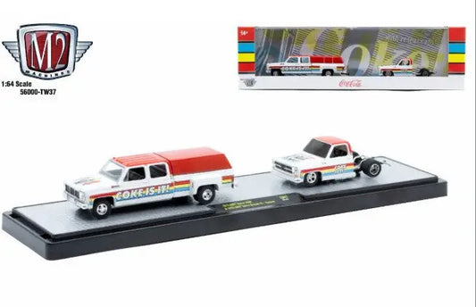 Coca-Cola-themed toy truck set featuring M2 Machines Auto Hauler TW37 Sierra Custom Coke