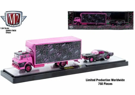 Pink and black toy truck and car set with patterned trailer, part of M2 Machines auto hauler TW38 featuring Ford Mustang Chase