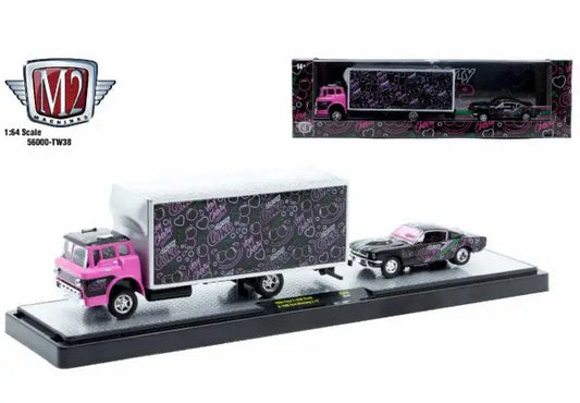 Pink and black toy truck with matching trailer and black toy car, machines auto hauler