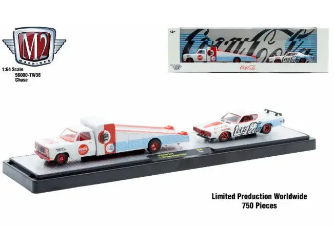 Limited edition Coca-Cola themed M2 Machines auto hauler TW38 with Dodge Charger Custom chase car