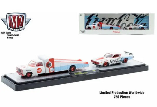 Limited edition Coca-Cola themed M2 Machines auto hauler TW38 with Dodge Charger Custom chase car