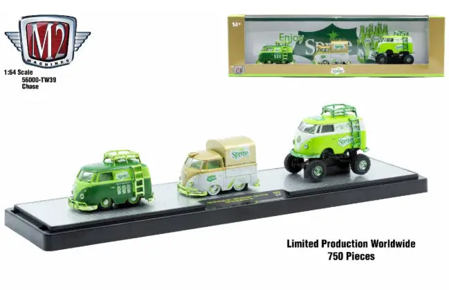 Limited edition Sprite-themed Volkswagen Bus 3-piece diecast set on M2 Machines Auto Hauler TW39