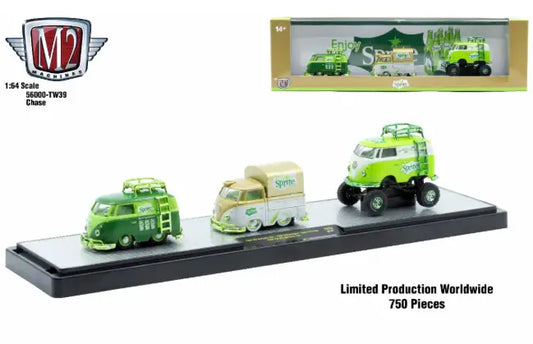 Limited edition Sprite-themed Volkswagen Bus 3-piece diecast set on M2 Machines Auto Hauler TW39