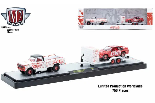 Limited edition Coca-Cola themed M2 Machines auto hauler TW39 with Ford F100 Ranger and race car