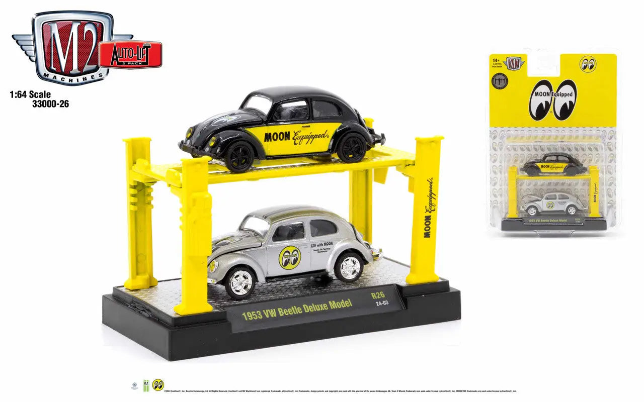 Toy display set of M2 Machines Auto Lift Release featuring 1953 VW Beetle Deluxe models