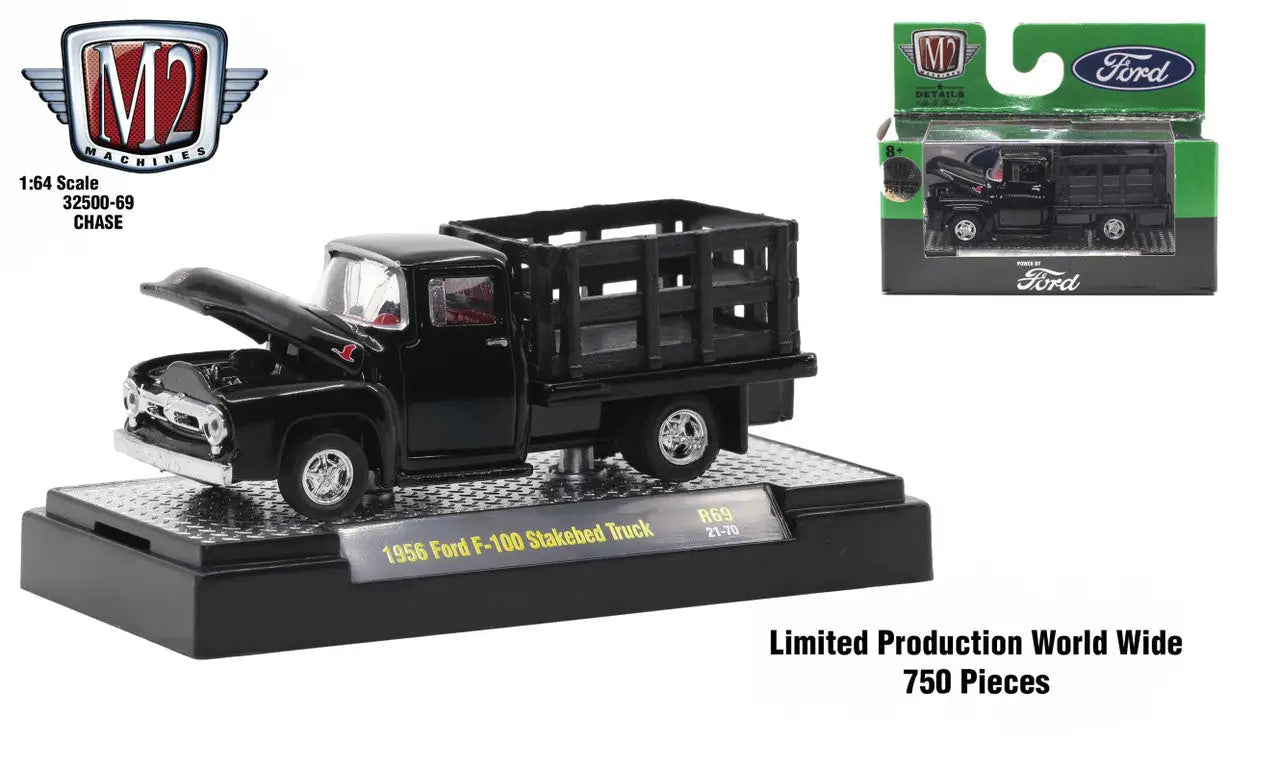 1956 Ford F-100 Stakebed Truck displayed on a stand in black with open hood by M2 Machines Auto Thentics