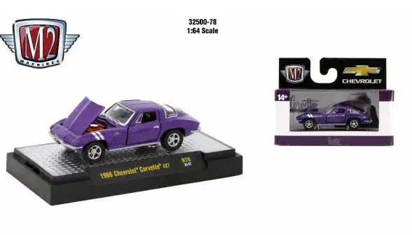 Purple die-cast 1966 Chevrolet Corvette on display from M2 Machines Auto Thentics