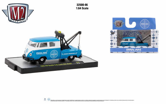 Vintage blue Volkswagen double cab truck tow truck with Pan Am branding in M2 Machines Auto Trucks