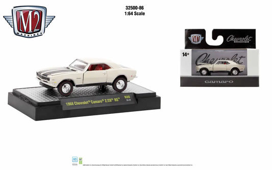 Die-cast model car of a 1968 Chevrolet Camaro SS 396, M2 Machines Auto Trucks Z28 RS Rel 86