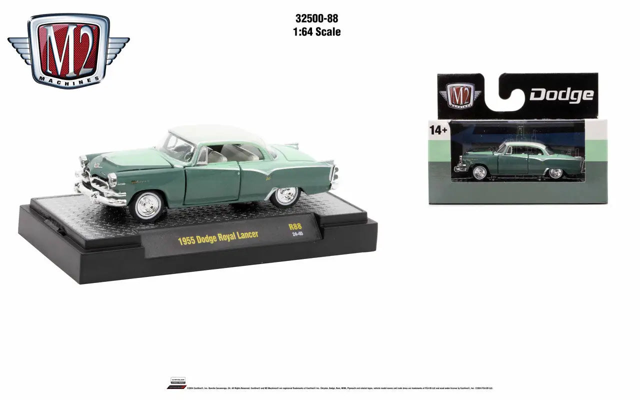 Mint green 1955 Dodge Royal Lancer die-cast model on black base from M2 Machines Auto Trucks