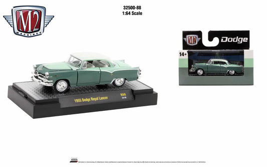 Mint green 1955 Dodge Royal Lancer die-cast model on black base from M2 Machines Auto Trucks