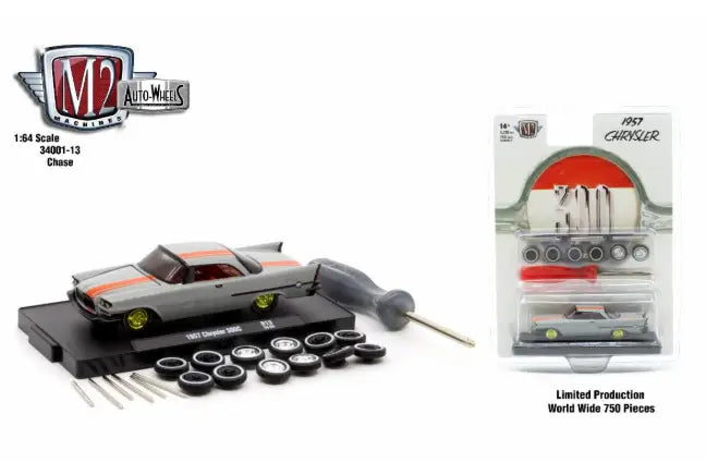 Grey 1957 Chrysler 300C Chase die-cast model with orange stripes and customization tools