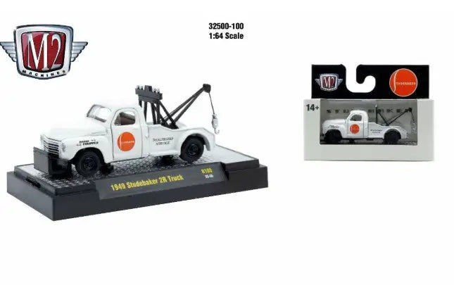 White 1949 Studebaker 2R tow truck diecast model from M2 Machines AutoThentics Rel