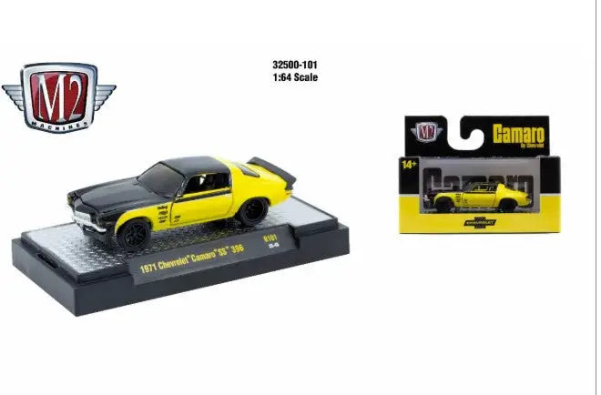 Yellow and black 1971 Chevrolet Camaro SS 350 die-cast model by M2 Machines Autothentics Rel