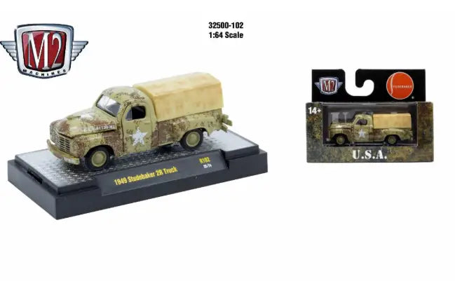 Die-cast 1949 Studebaker 2R Truck by M2 Machines AutoThentics Rel in military camo