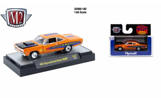 Orange and black M2 Machines AutoThentics Rel 1969 Plymouth Road Runner die-cast model